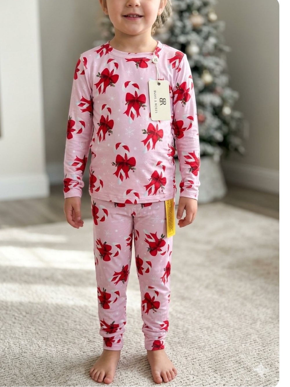 Children's Pink Candy Cane & Bow Holiday Pajama Set